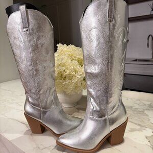 Silver Patterned Leather Cowgirl Boots